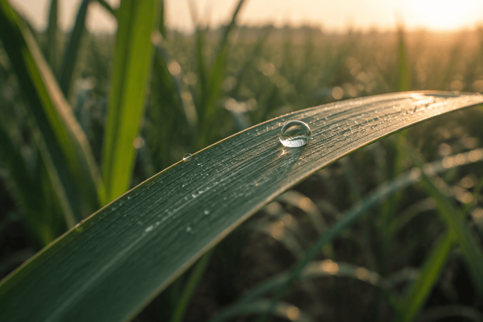 A dew drop resting on a green sugarcane leaf at sunrise
