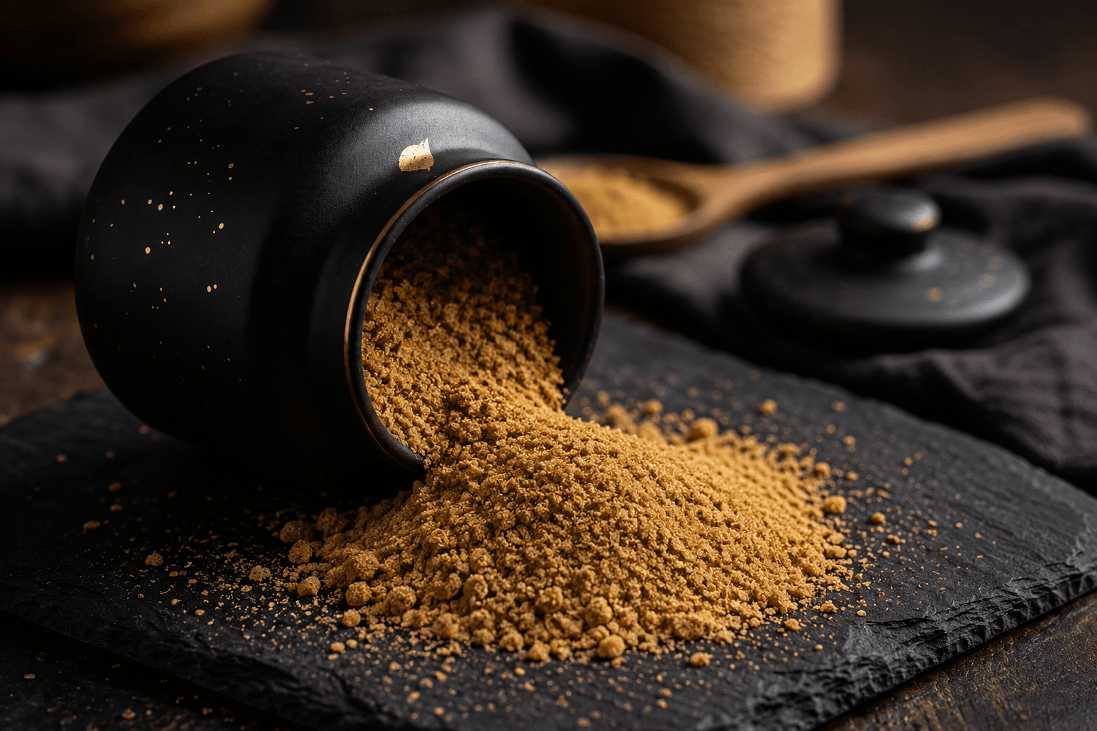 Fine brown Desi Khand spilling from a black clay pot