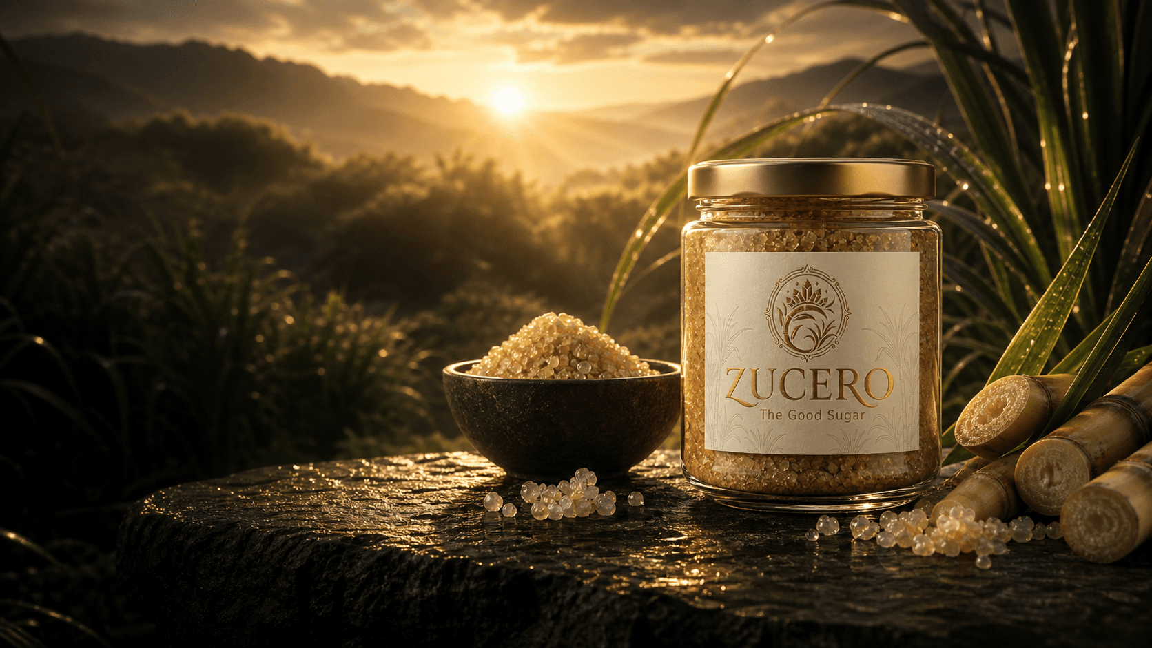 Zucero Desi Khand in warm sunlight among sugarcane