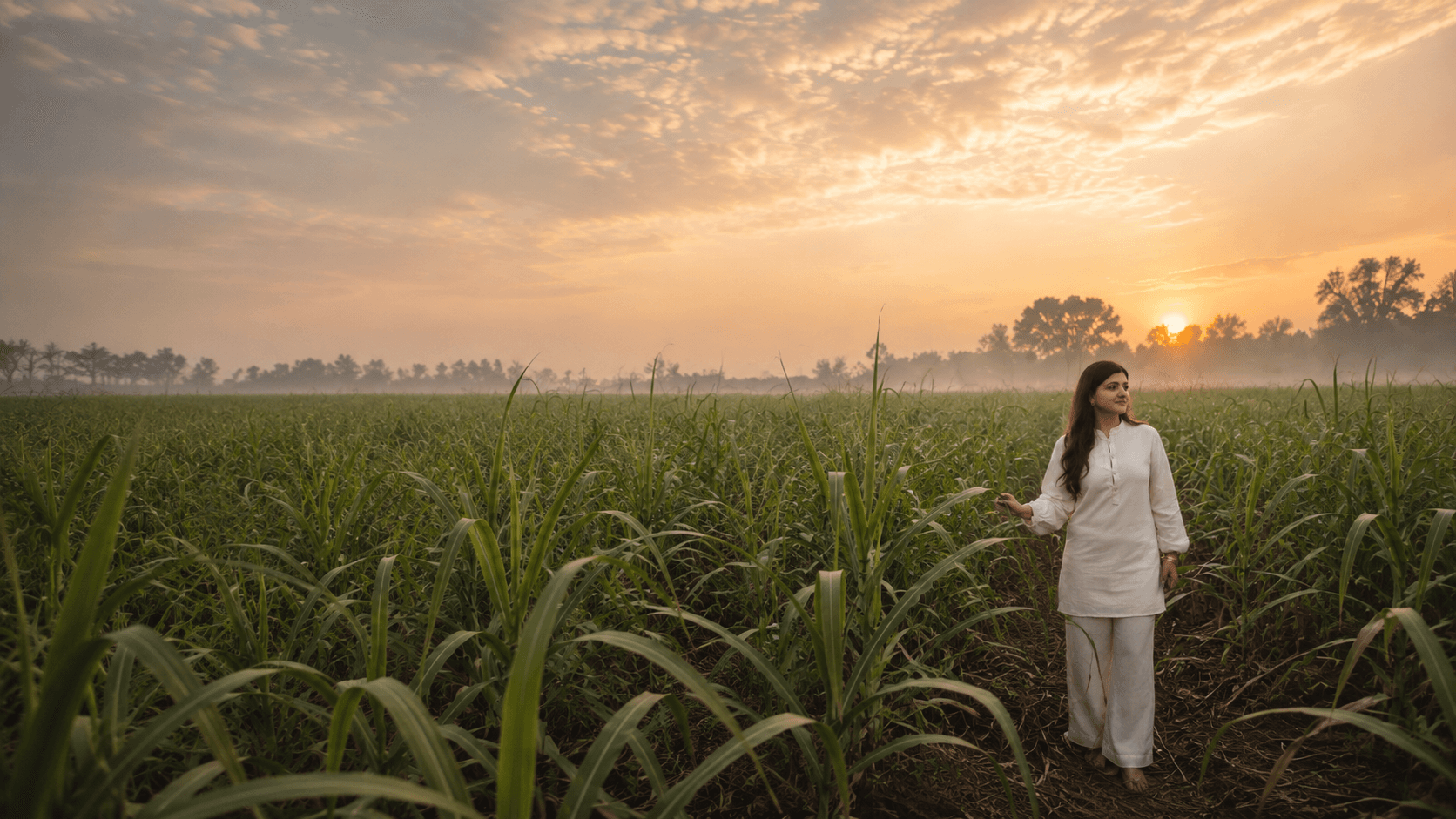 An Indian woman standing in a sugarcane field at sunrise